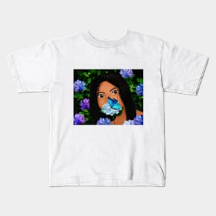 Girl with Hydrangeas and Blue Morpho Butterfly Kids T-Shirt